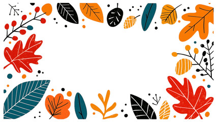 Cartoon-style an autumn frame, rectangular border with warm fall colors, colorful stylized leaves scattered around the edges, including oak, maple, and generic leaf
