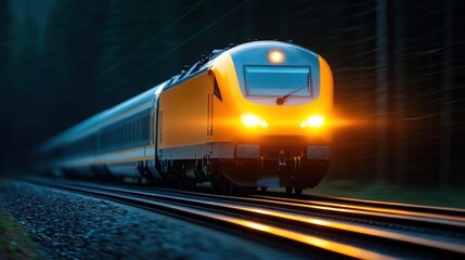 A sleek yellow train races down a dimly lit railway surrounded by tall trees in the evening