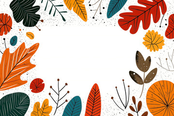 Fototapeta premium Cartoon-style an autumn frame, rectangular border with warm fall colors, colorful stylized leaves scattered around the edges, including oak, maple, and generic leaf