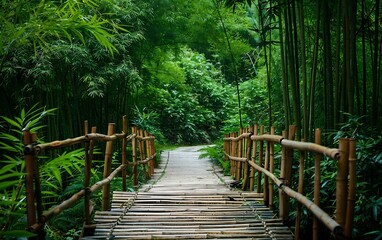 Fototapeta premium Bamboo forest with wooden walkway in the tropical rainforest.