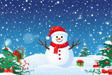 Fototapeta premium Cartoon snowman waving happily in a snowy landscape with holiday decor, trees, and gifts, creating a cheerful Christmas atmosphere. Generative AI