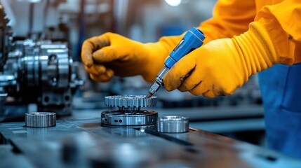 A technician wearing safety gloves meticulously assembles mechanical parts on a workbench in a busy factory, showcasing precision and skill in their craft