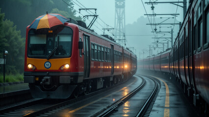 Naklejka premium Dynamic Trains Travel Under a Colorful Umbrella During a Rainstorm, Showcasing Transportation in Weather Chaos