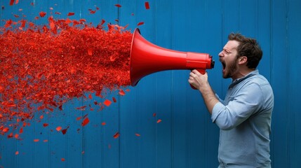 A man stands against a bright blue wall, yelling into a large red megaphone