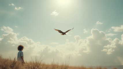 Fototapeta premium Child's Awe Inspired Watching Majestic Animal Soar Through the Sky Under Sunlit Clouds