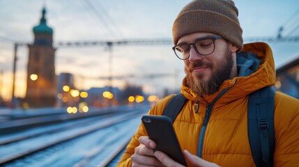 A man wearing glasses and a knitted hat uses his smartphone, standing on snowy train tracks as the sun sets behind urban buildings, creating a warm glow