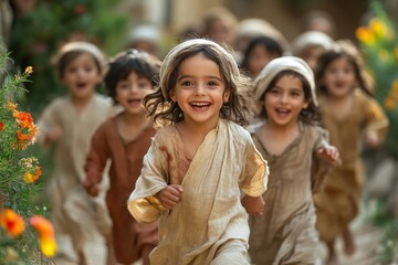 Fototapeta premium Children are running and laughing, biblical times. 