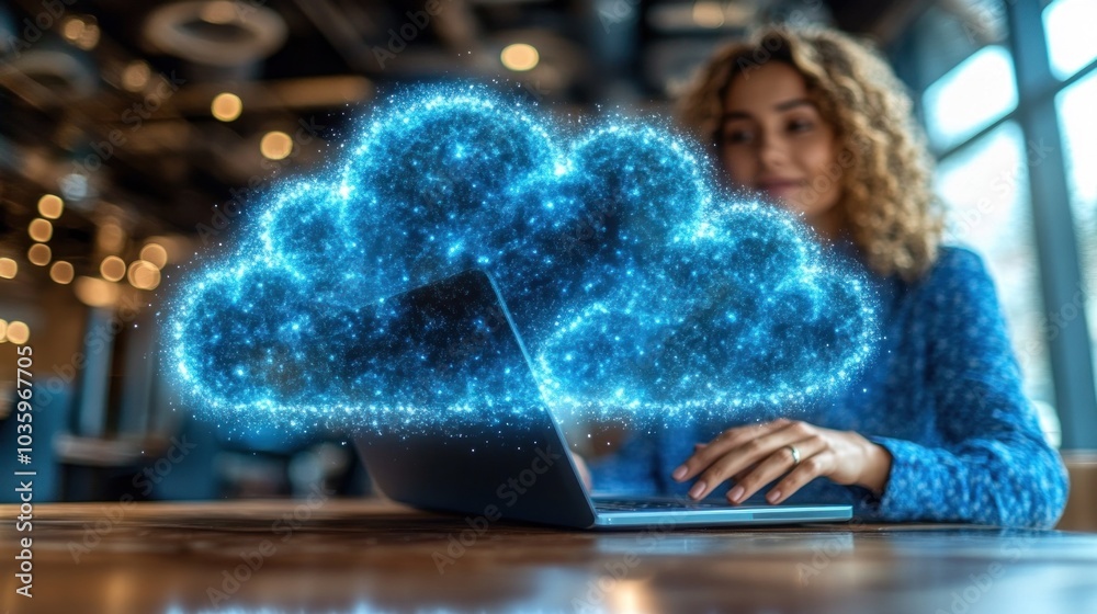 Poster business professional using cloud-based software on a laptop while collaborating with a remote team,