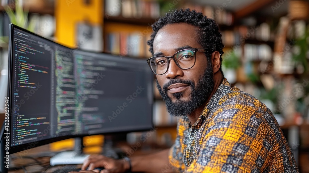 Poster a dedicated programmer sits at a desk with dual monitors, engaged in coding, surrounded by bookshelv