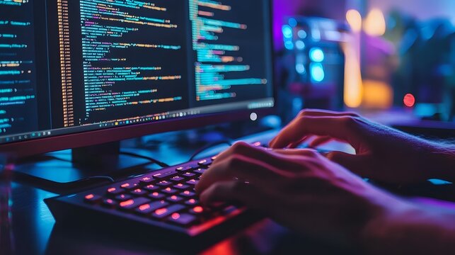 Hands typing on a mechanical keyboard with multiple code windows open, software development process, coding in action