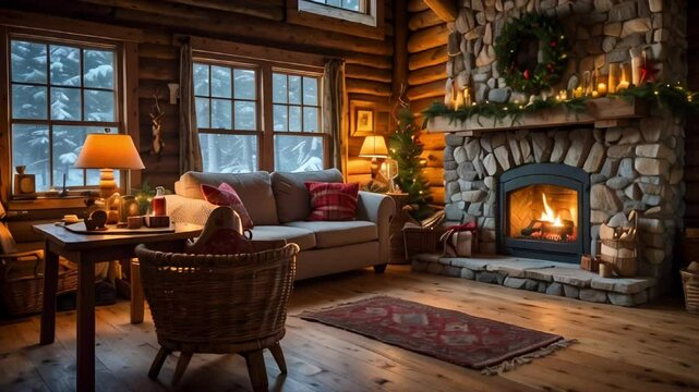 Cozy cabin living room interior with big windows and a rustic stone fireplace, decorated with festive wreath and candles. Seamless loop, HD video.