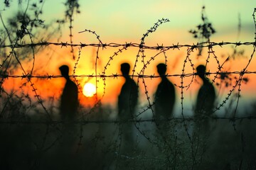 Refugees silhouettes behind barbed wire fence.