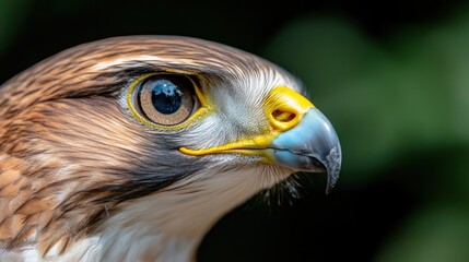 Obraz premium The hawk gazes intently at its surroundings, displaying intricate feather patterns and vivid details in its eye and beak. The soft background enhances its sharp features