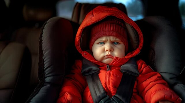 A baby in a red coat sits in a car seat. AI.
