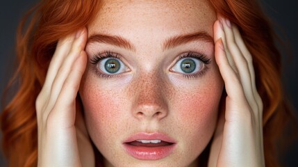 Fototapeta premium The young woman stares wide-eyed, her vibrant red hair framing her face. She holds her head with both hands, conveying a sense of surprise and curiosity in her expression