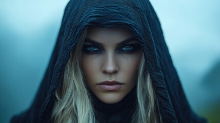 A woman with striking features and long blonde hair stares intensely, enveloped in a dark hooded cloak, surrounded by a misty atmosphere at twilight