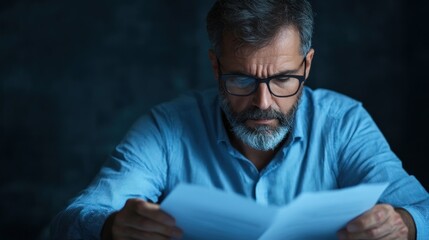 Obraz premium A middle-aged man with glasses examines a stack of papers intently, focusing on the text under soft evening light, deep in thought about the information he is reviewing