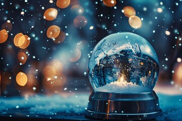 Christmas crystal ball in snow with bokeh lights on background.