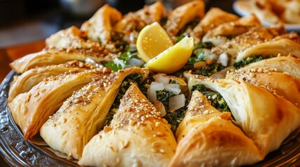 A delectable platter of Lebanese fatayer, savory pastries filled with spinach, onions
