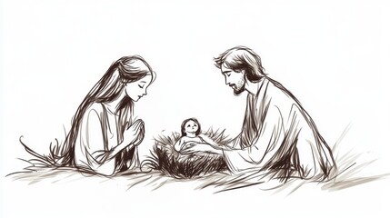 Fototapeta premium Sketch of Baby Jesus, Mary and Joseph in Bethlehem.