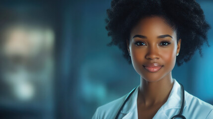 Fototapeta premium A confident dark-skinned doctor in a white coat smiling warmly at the camera in a well-lit medical office environment