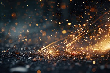 Glowing flow of steel metal welding spark dust particles shine in the sparkly dark background