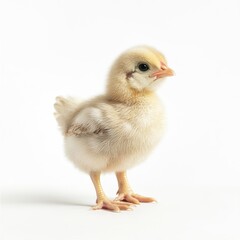 Fototapeta premium Fluffy yellow chick standing alone on a white background, detailed close-up
