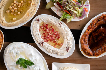 Various appetizers of Middle Eastern cuisine.