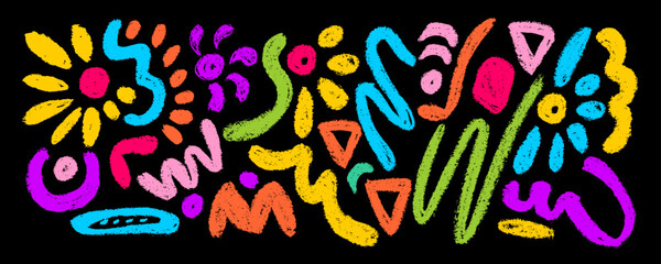 Hand drawn colorful charcoal scribbles, squiggles,  bold dots, curly lines and swirl. Brush stroke lines, squiggles, daubs isolated on black background. Crayon sketches, charcoal doodle drawings.