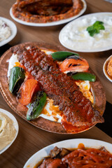 Traditional Turkish kebab on the table, Adana kebab.