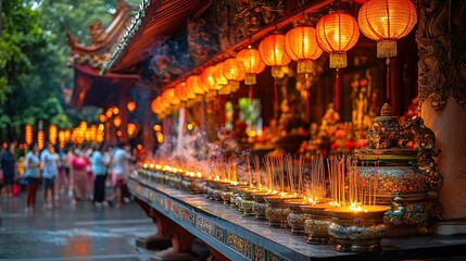 Fototapeta premium Temple scene with incense and lanterns.
