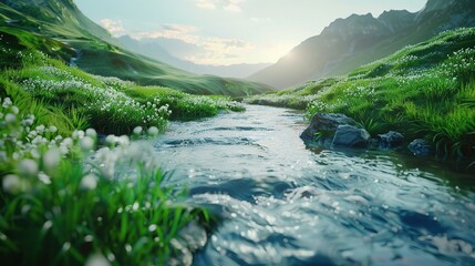 A tranquil river flowing through a lush green valley