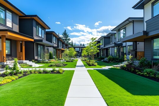 Residential neighborhood with modern houses and green lawns