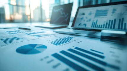 financial reports and graphs on a desk with a laptop, showcasing data analysis and business strategy.