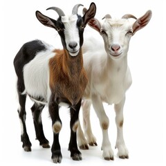 Obraz premium Brown and white goat and a white goat standing on a white background