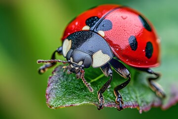 Vibrant ladybug resting on a green leaf. The bright red shell contrasts beautifully with the lush background. A perfect image for nature lovers and educators. Generative AI