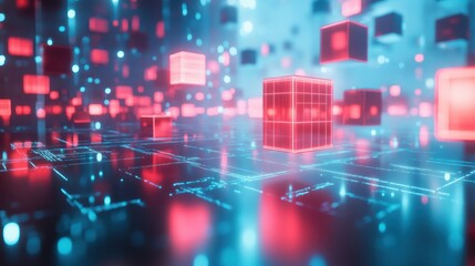 Futuristic digital landscape with glowing red and blue data blocks floating in a virtual grid, representing advanced technology and big data analytics.