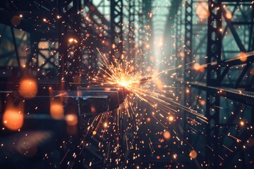 Fototapeta premium Welding steel structures and bright sparks in steel construction industry.
