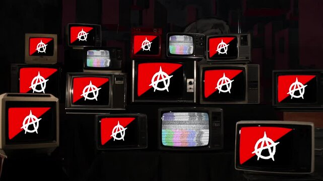 Vintage TV Stack With Anarchist Flags Displayed - 4K