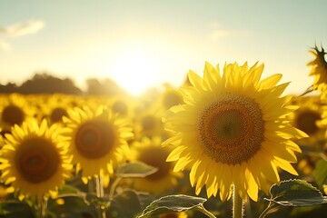 Obraz premium Sunflowers in a golden field at sunset