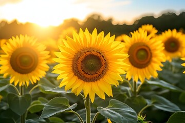 Obraz premium Sunflowers in a golden field at sunset