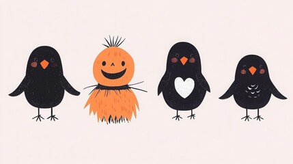 Fototapeta premium Crows and Scarecrow Illustration in Bright Colors