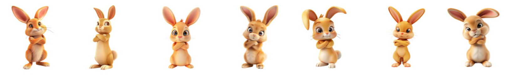 Fototapeta premium Cute little rabbit mascot posing, 3D cartoon illustration, isolated on white background, cute animated style, beautiful colors, generative ai