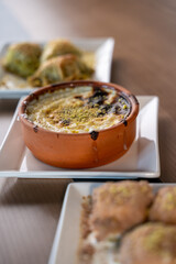 Traditional Turkish desserts. Baklava and rice pudding.