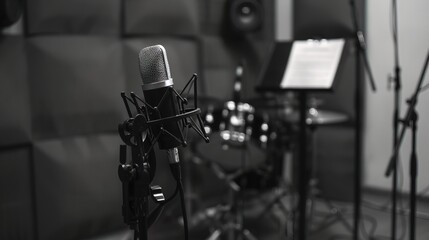 Naklejka premium Close-up of microphone on stand in soundproof recording studio, positioned in front of script stand, symbolizing voice acting and audio production.