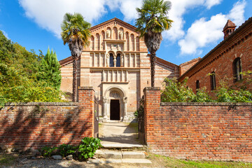 Naklejka premium View of the facade of the Vezzolano Abbey. It is a church in Romanesque and Gothic style, among the most important medieval monuments of Piedmont, near the village of Albugnano (Asti Province).