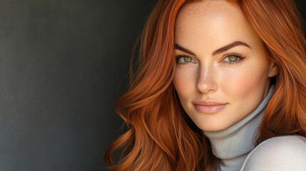 Naklejka premium A confident woman showcases her radiant red hair and captivating eyes indoors