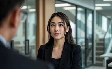 Fototapeta premium professional asian woman in her 20s talks to senior director, program coordinator, smart suit, detailed and contemplated, professional lighting