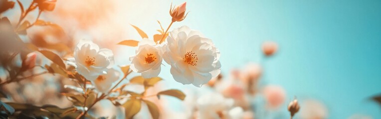 Fototapeta premium A banner with white wild roses in the foreground and a blue sky in the background, a close-up of the flowers Generative AI