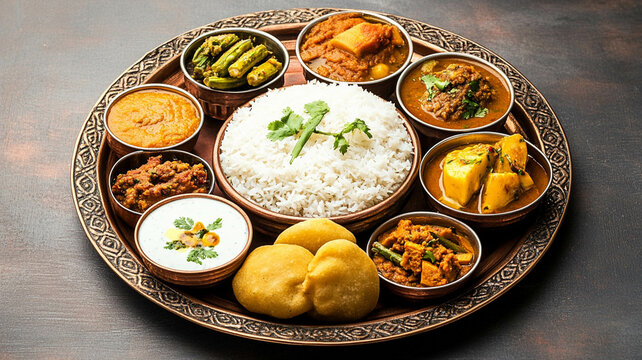vibrant Bengali thali featuring traditional dishes like rice, daal, aloo posto, shorshe ilish, and sweets
